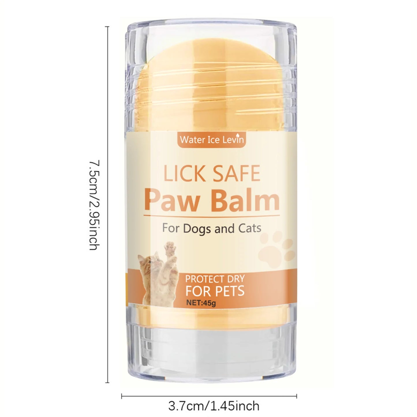 Lick Safe Paw Balm for dogs and cats with measurements on a white background