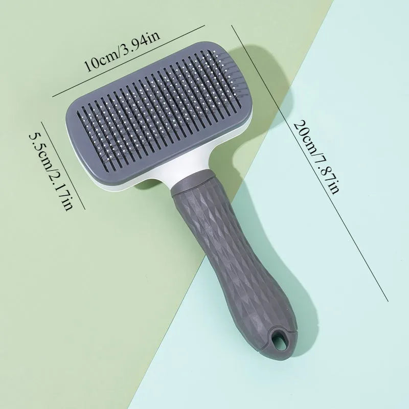 Pet grooming brush with measurements on a light green and white background