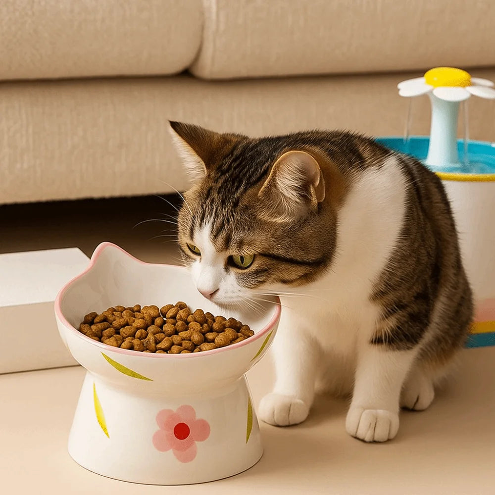 Ceramic Slanted Cat Food Bowl - Anti-Tipping & Cervical Spine Protection