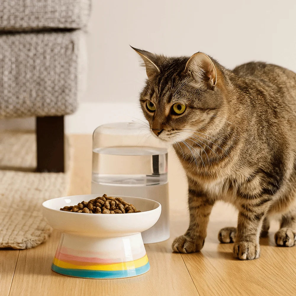 Ceramic Slanted Cat Food Bowl - Anti-Tipping & Cervical Spine Protection
