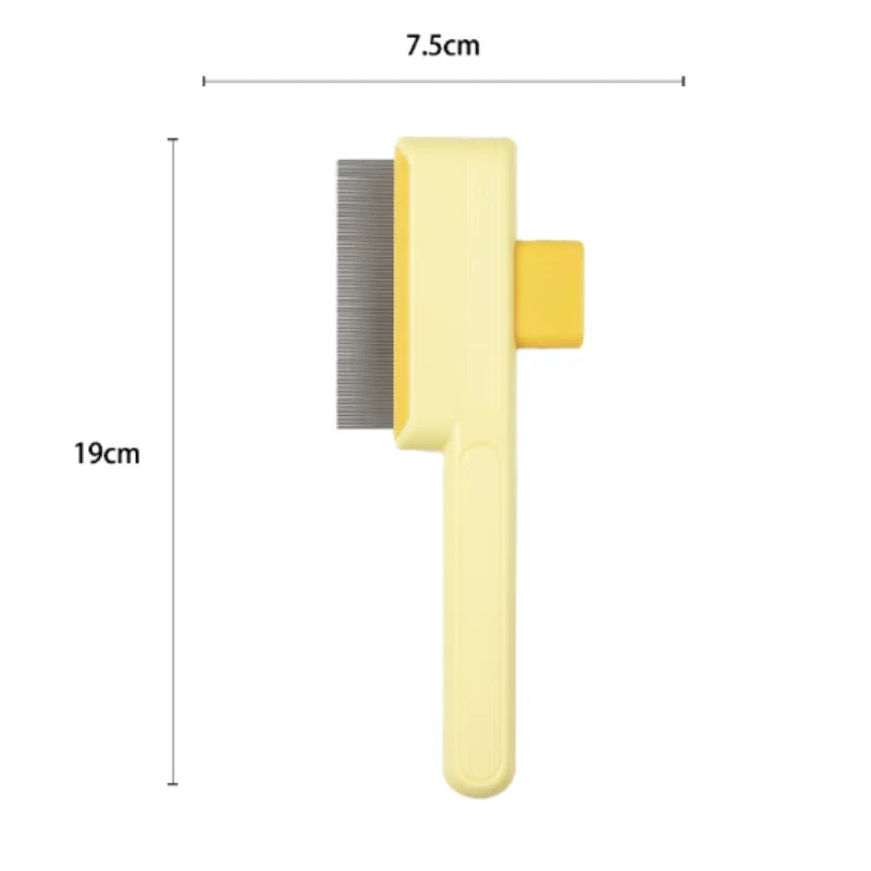 Yellow grooming tool with comb and brush, shown with measurements on a white background