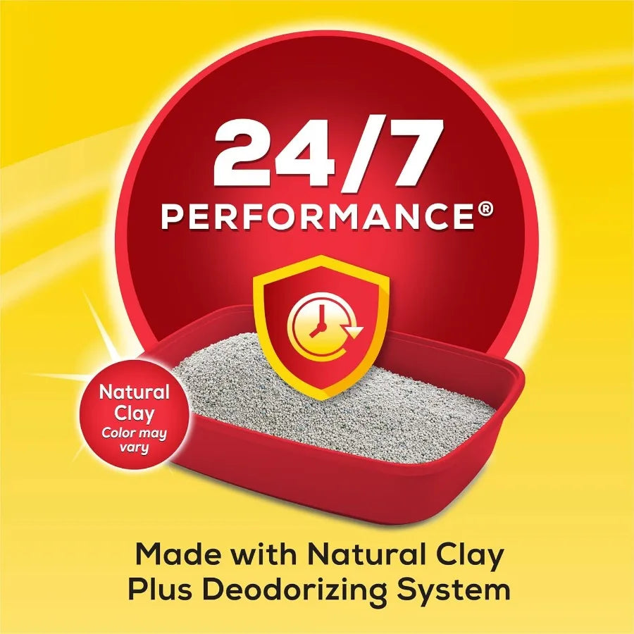 Red pet litter box with gray clumping cat litter on a yellow background, featuring '24/7 Performance' text.
