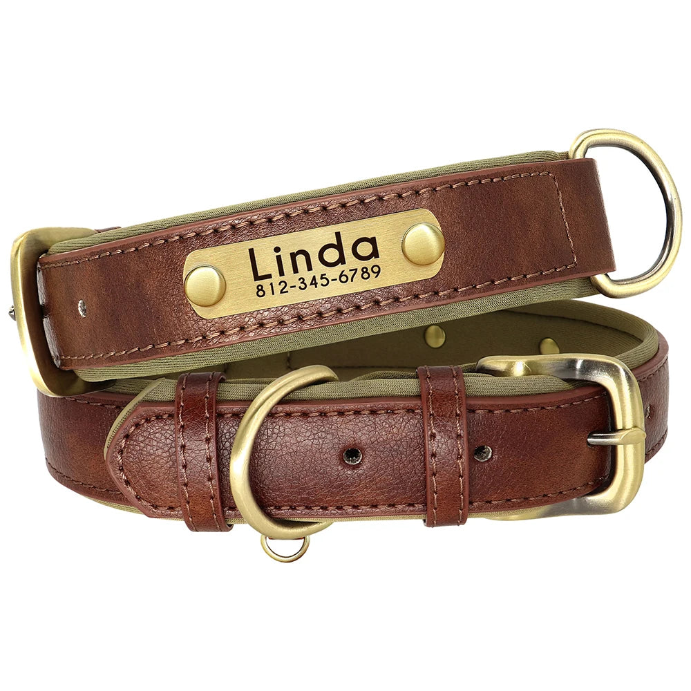 Personalized Engraved Pu Leather Dog Collar Leash Set With Id Tag & Quick Release Buckle