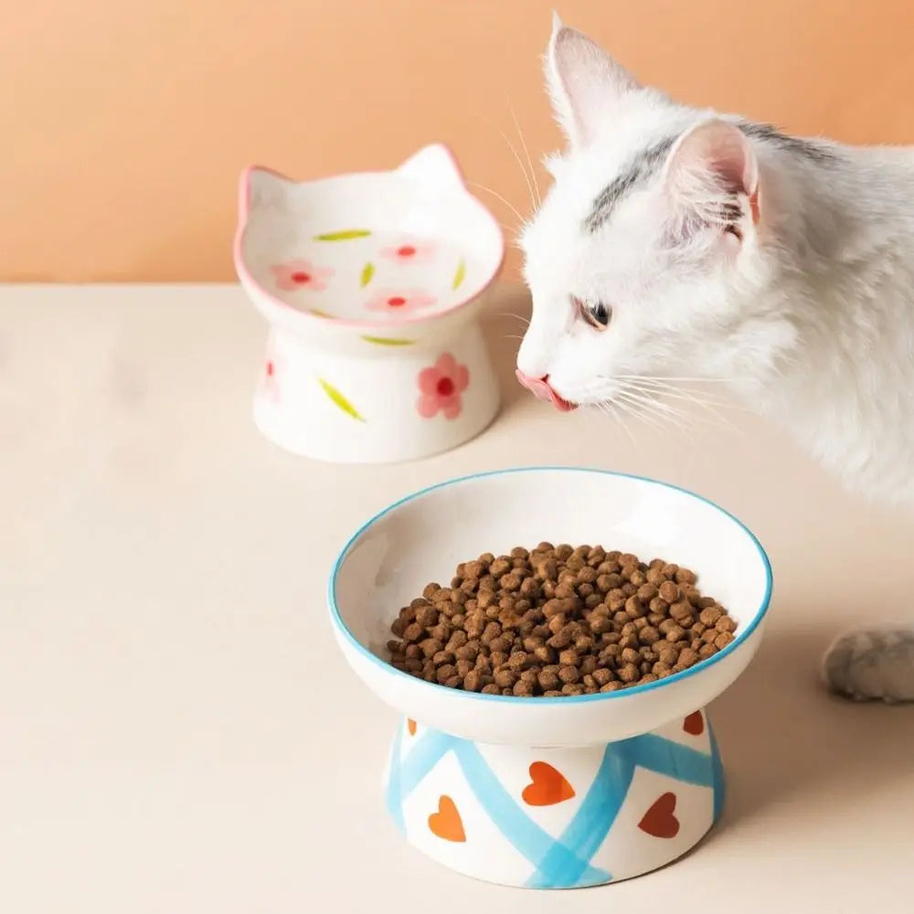 Ceramic Slanted Cat Food Bowl - Anti-Tipping & Cervical Spine Protection
