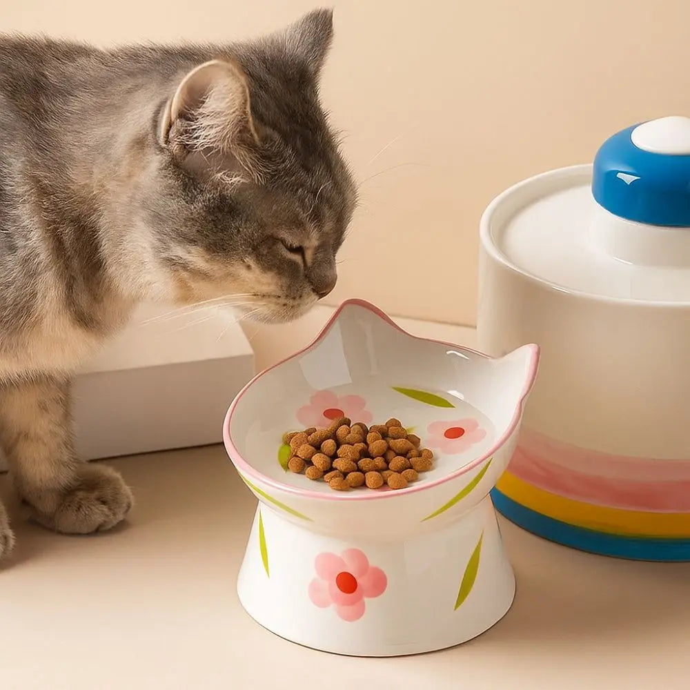Ceramic Slanted Cat Food Bowl - Anti-Tipping & Cervical Spine Protection