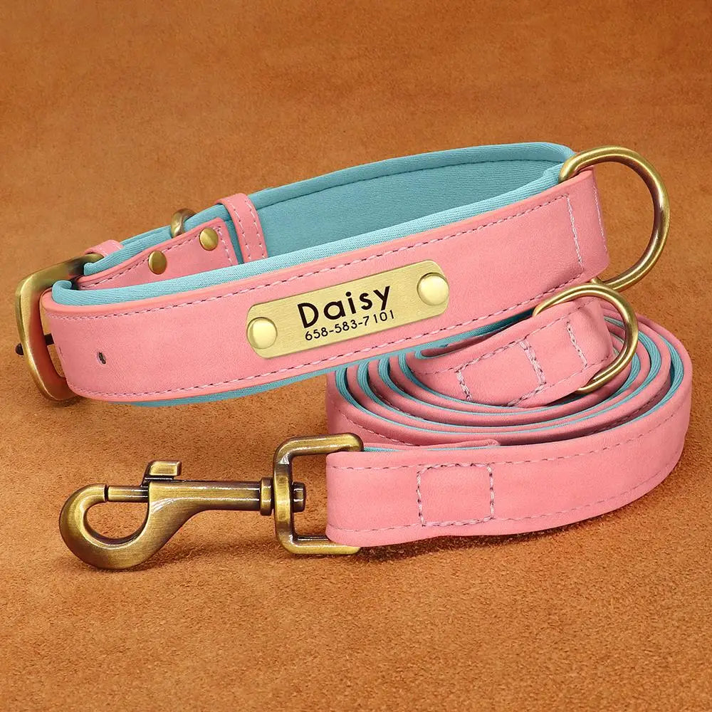 Personalized Engraved Pu Leather Dog Collar Leash Set With Id Tag & Quick Release Buckle