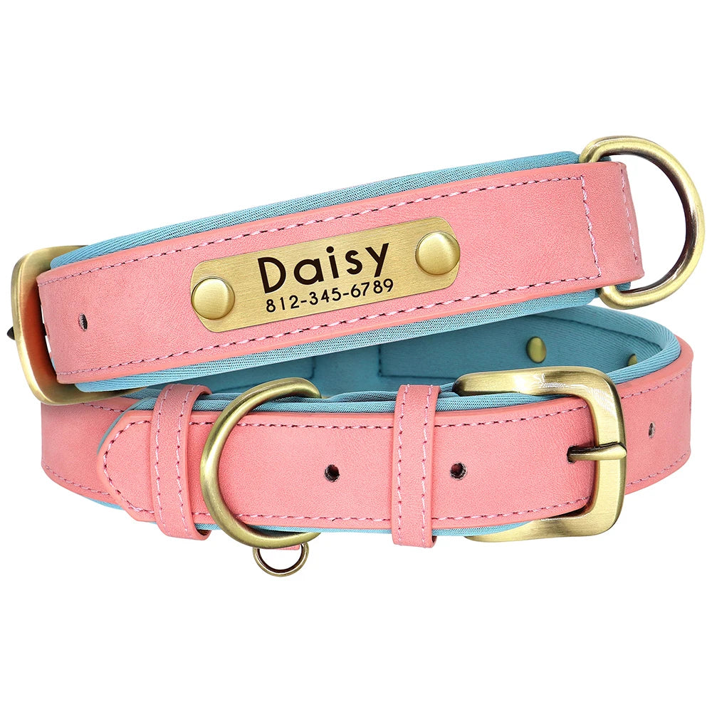 Personalized Engraved Pu Leather Dog Collar Leash Set With Id Tag & Quick Release Buckle