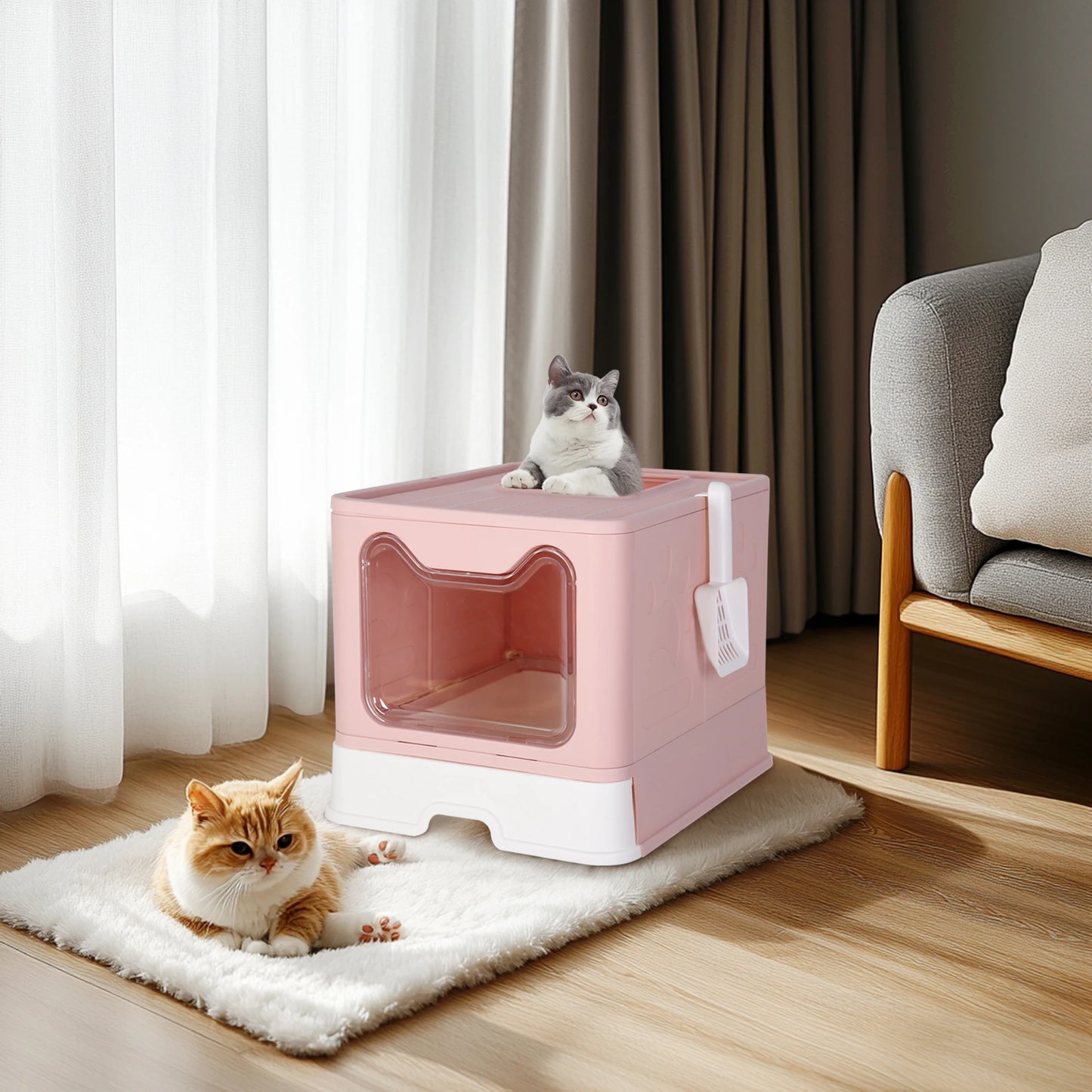 Detachable Cat Litter Box With Top & Front Entry | Foldable, Easy-Clean Cat Potty With Scoop Drawer | For Cats Up To 22 Lbs