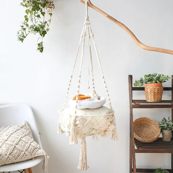 40Cm Macramé Cat Hammock – Handwoven Hanging Pet Bed Swing – Space Saving Cat Furniture