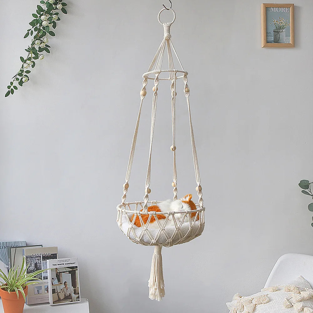 40Cm Macramé Cat Hammock – Handwoven Hanging Pet Bed Swing – Space Saving Cat Furniture