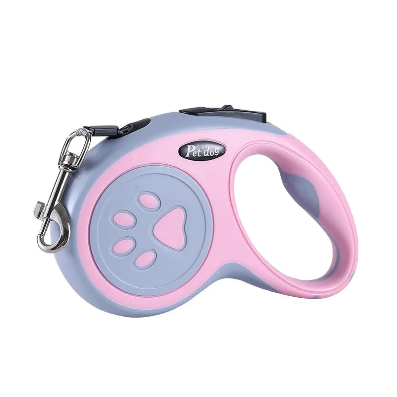Pink and gray pet leash with a paw design on a white background
