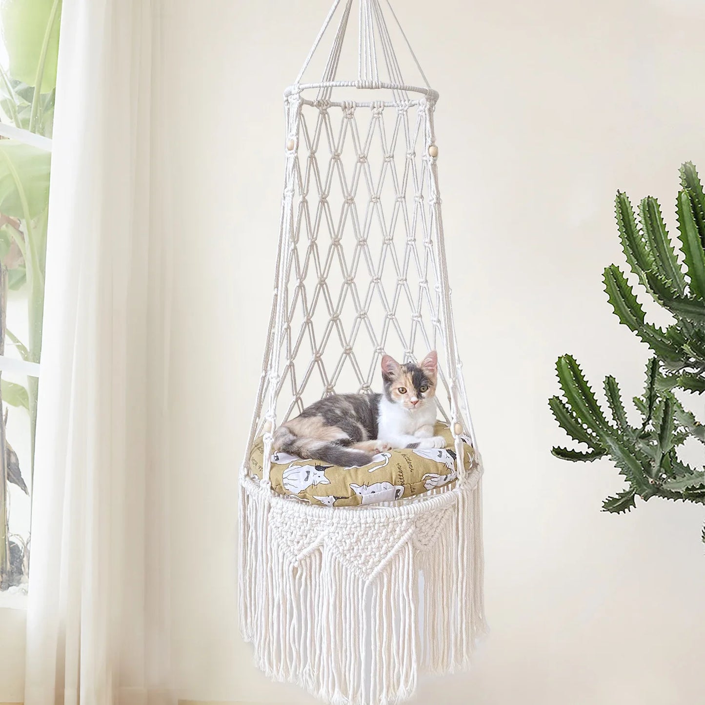 40Cm Macramé Cat Hammock – Handwoven Hanging Pet Bed Swing – Space Saving Cat Furniture