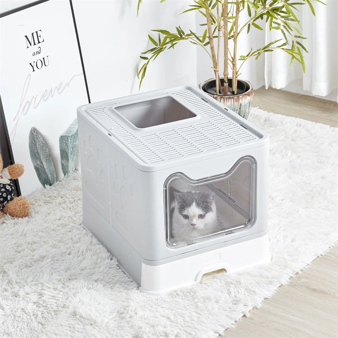 Detachable Cat Litter Box With Top & Front Entry | Foldable, Easy-Clean Cat Potty With Scoop Drawer | For Cats Up To 22 Lbs