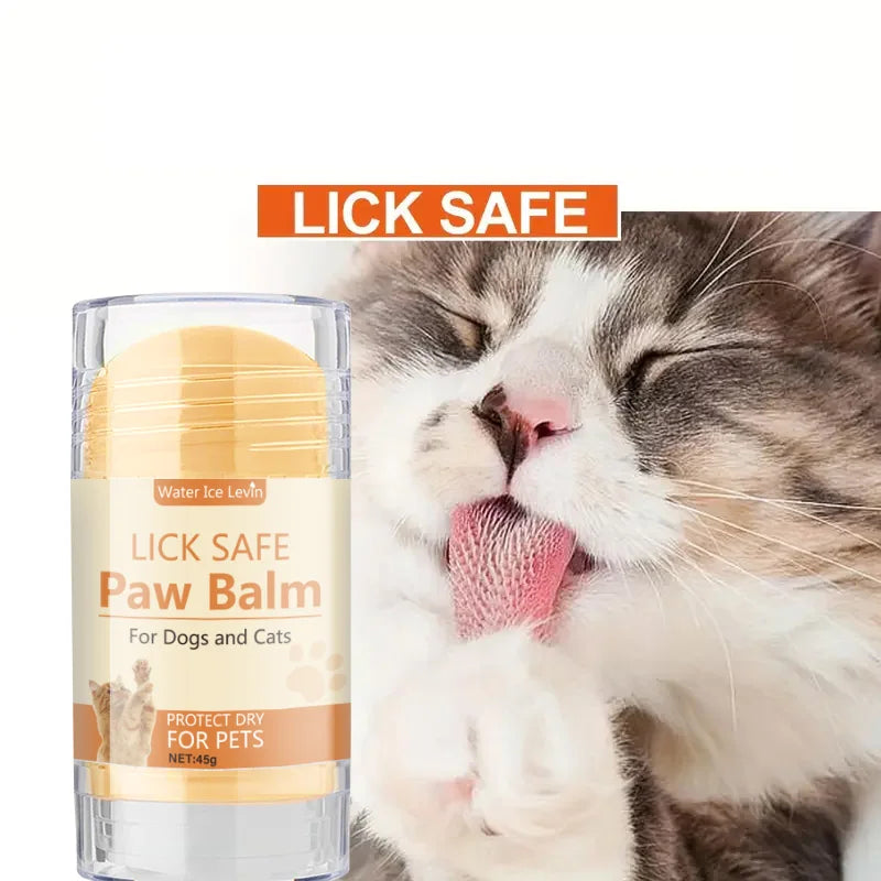 Lick Safe Paw Balm for pets with a cat licking its paw on a white background