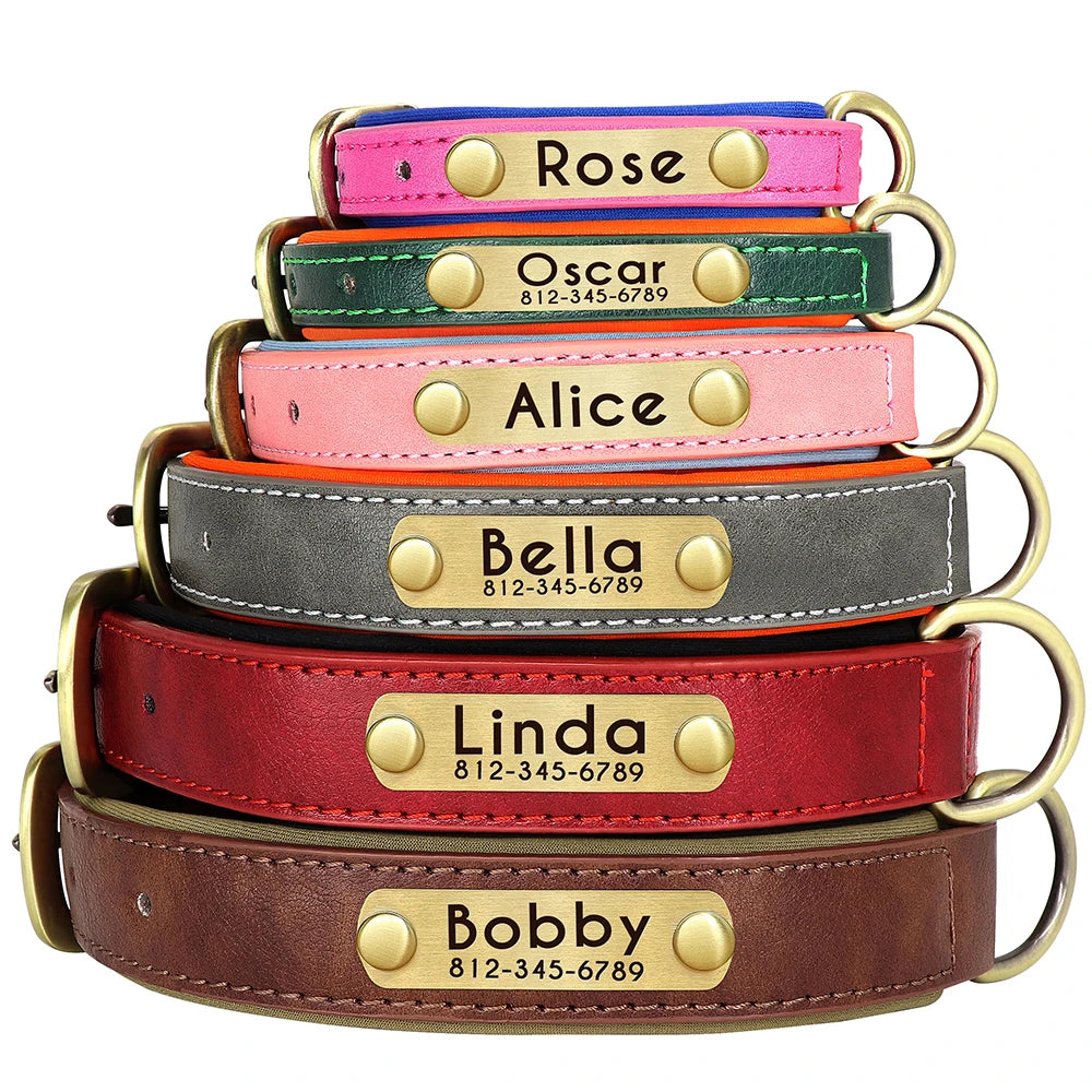 Personalized Engraved Pu Leather Dog Collar Leash Set With Id Tag & Quick Release Buckle