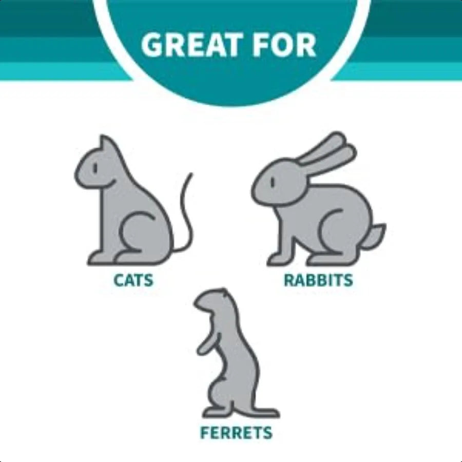 Illustrations of a cat, rabbit, and ferret with text indicating suitability for each animal.