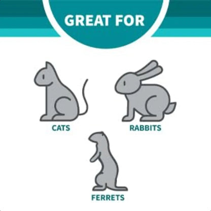 Illustrations of a cat, rabbit, and ferret with text indicating suitability for each animal.