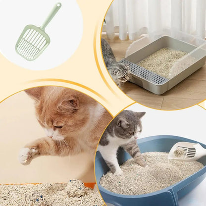 Collage of cats using a litter box with a scoop and a close-up of cat litter.