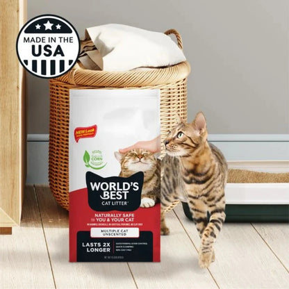 World's Best Cat Litter packaging with a cat and a wicker basket on a light wooden floor.