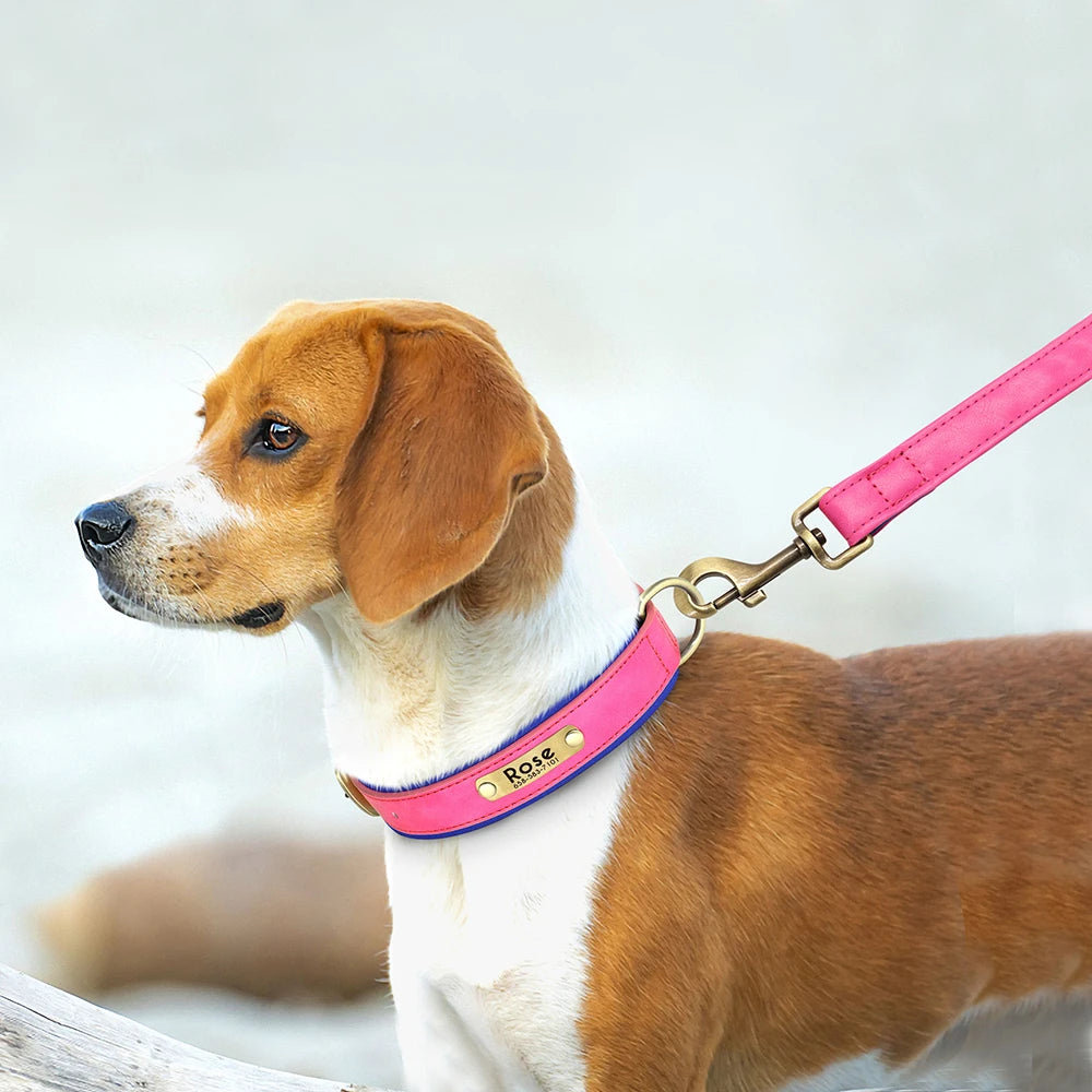 Personalized Engraved Pu Leather Dog Collar Leash Set With Id Tag & Quick Release Buckle
