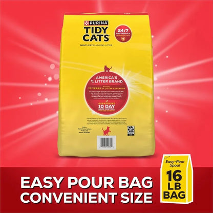 Yellow bag of Purina Tidy Cats cat litter on a red background