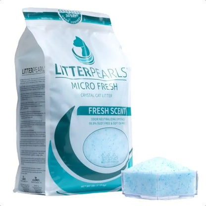Bag of LitterPearls Micro Fresh crystal cat litter with a scoop of litter on a white background