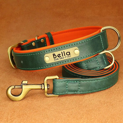Personalized Engraved Pu Leather Dog Collar Leash Set With Id Tag & Quick Release Buckle