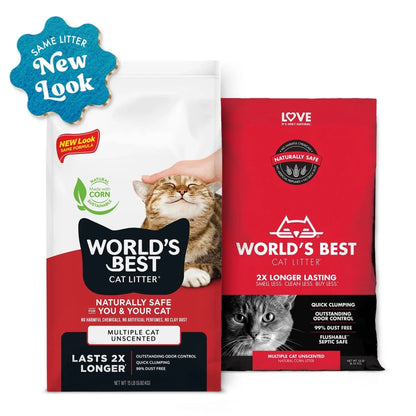 Two packages of World's Best Cat Litter with a hand petting a cat on a white background.