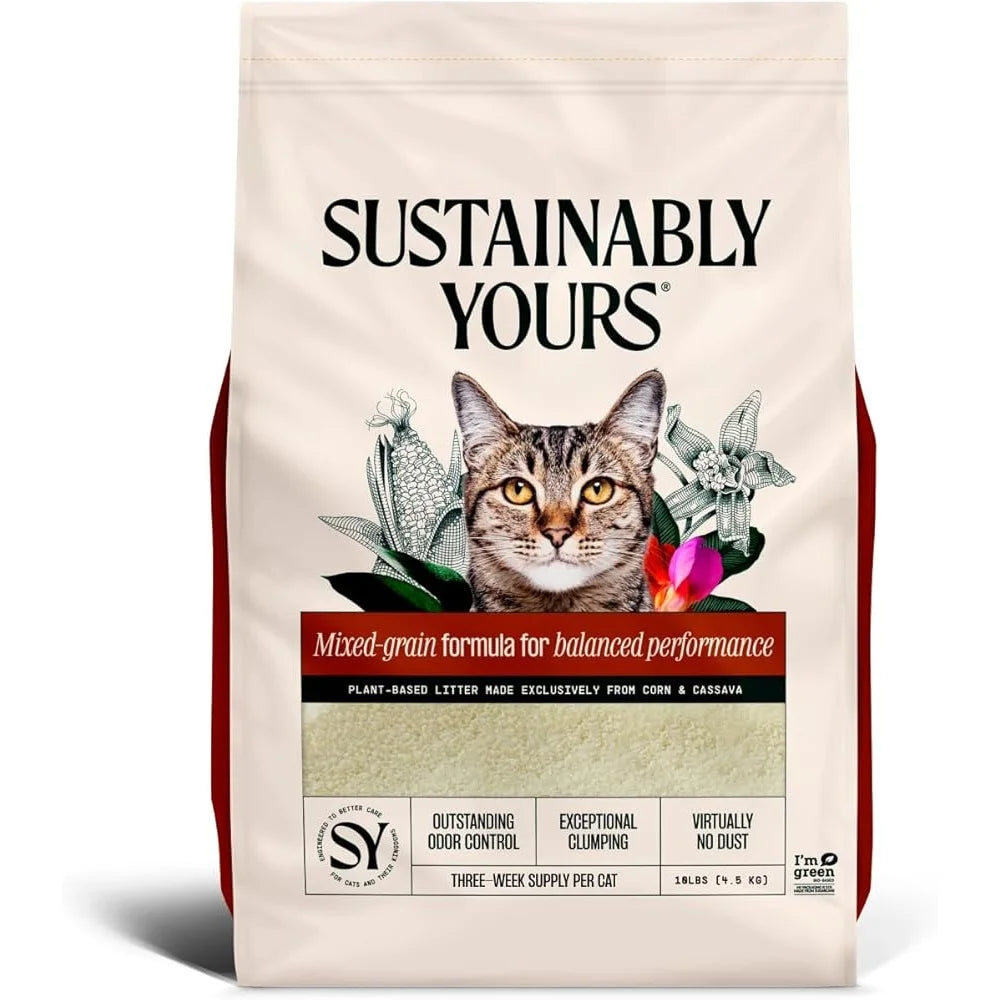 Cat food package with 'Sustainably Yours' branding and a cat illustration on a white background