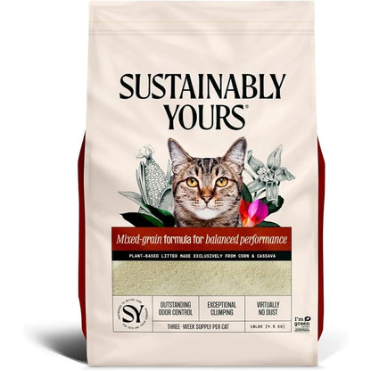 Cat food package with 'Sustainably Yours' branding and a cat illustration on a white background