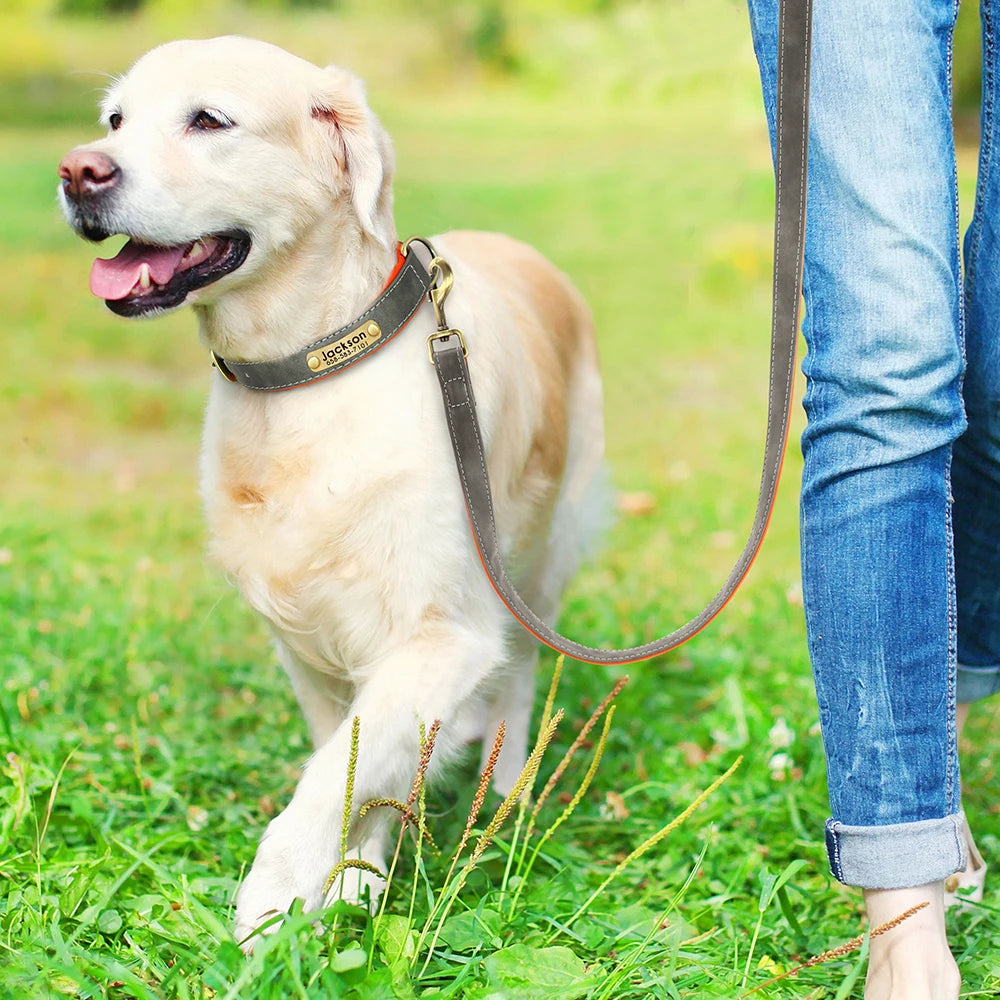 Personalized Engraved Pu Leather Dog Collar Leash Set With Id Tag & Quick Release Buckle