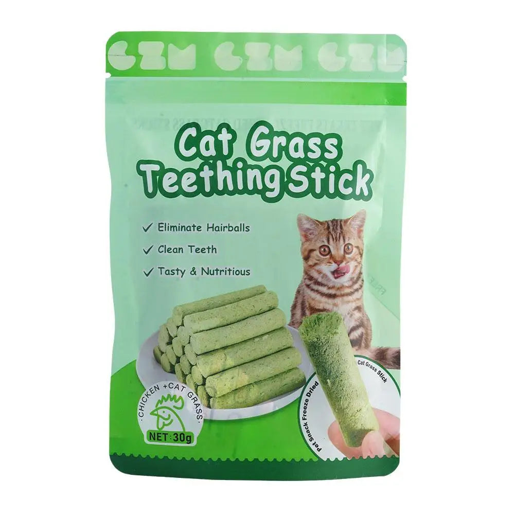 Cat grass teething stick packaging with a green background and cat illustration.