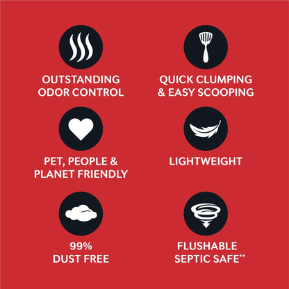 Red background with black icons and text highlighting product features on a red background