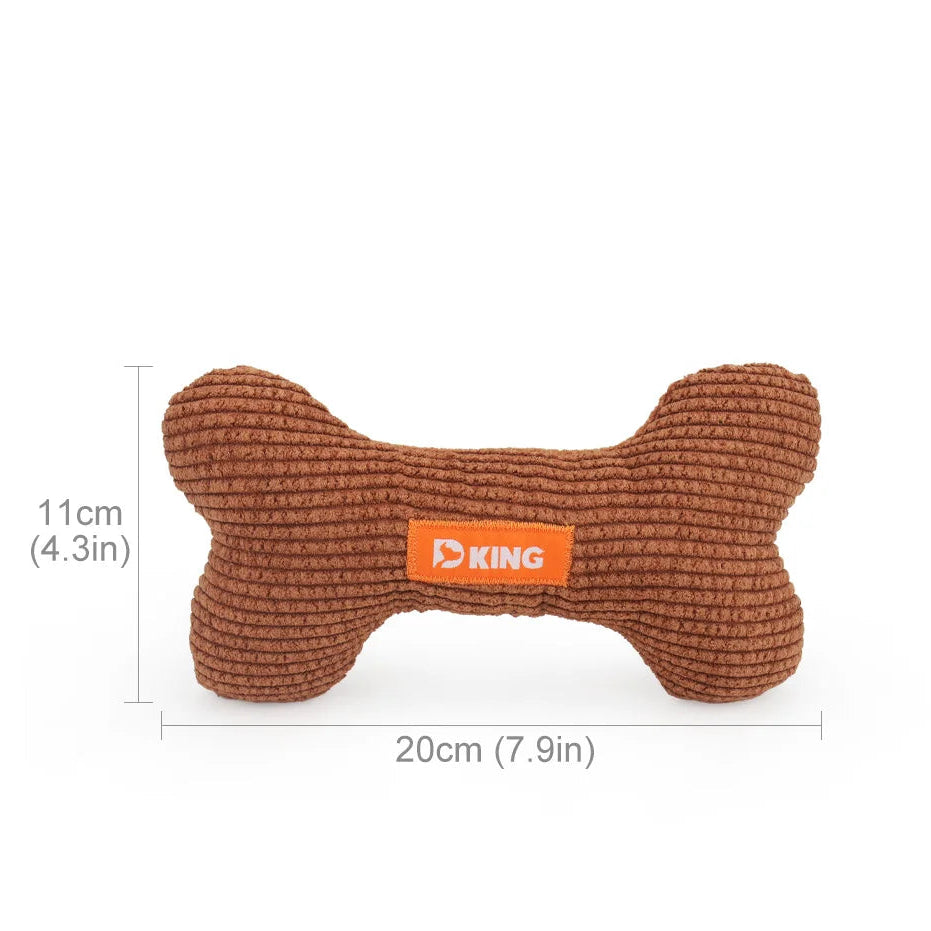 Brown bone-shaped dog toy with 'KING' branding and measurements on a white background