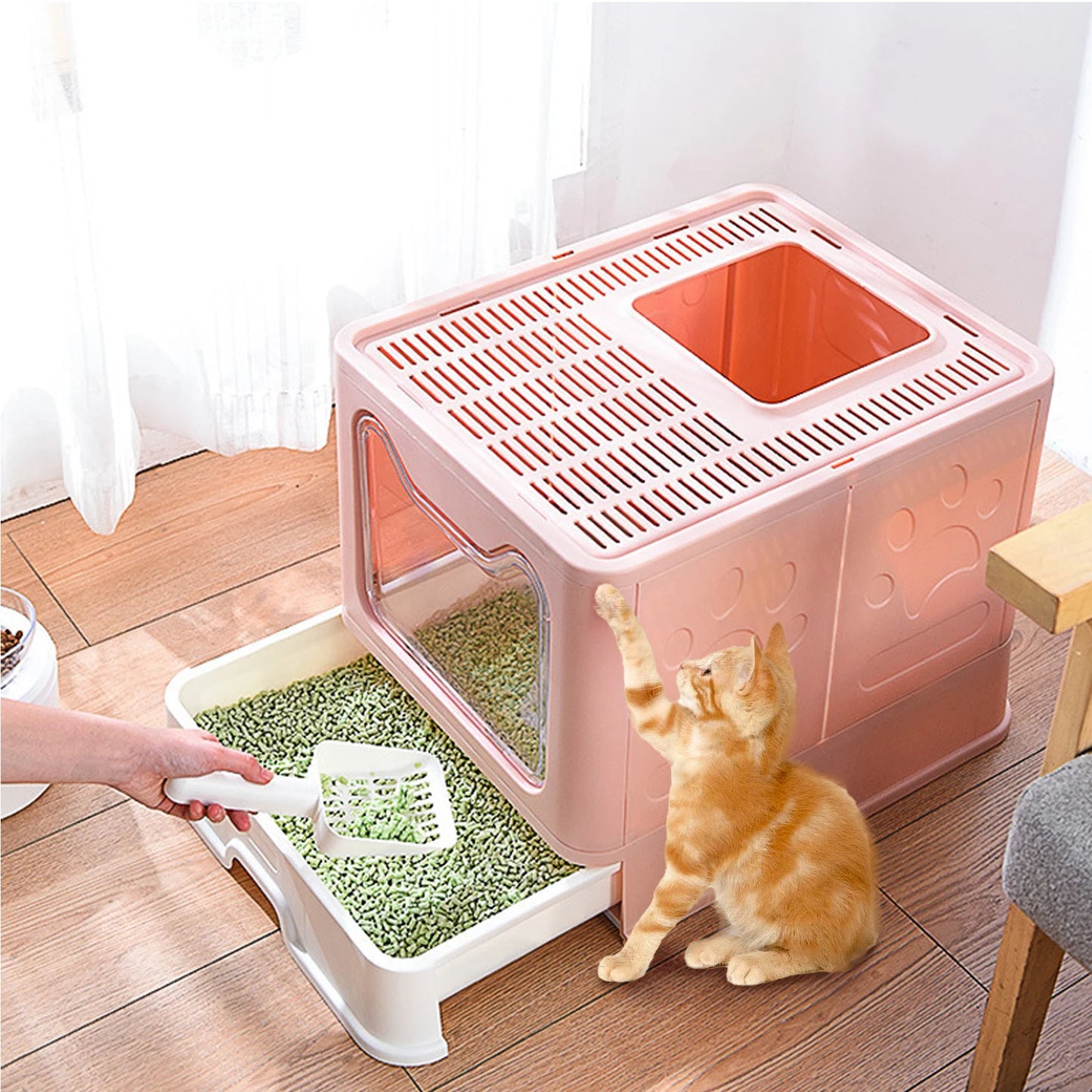 Detachable Cat Litter Box With Top & Front Entry | Foldable, Easy-Clean Cat Potty With Scoop Drawer | For Cats Up To 22 Lbs