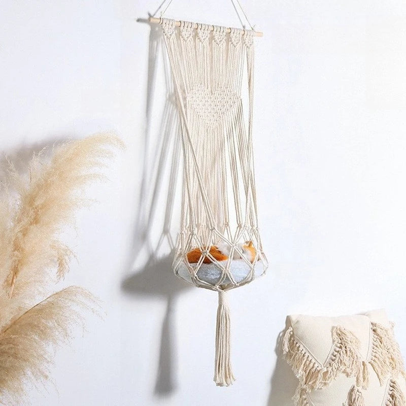 40Cm Macramé Cat Hammock – Handwoven Hanging Pet Bed Swing – Space Saving Cat Furniture