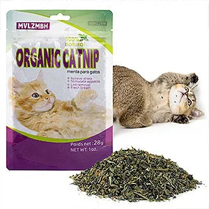 Package of organic catnip with a cat and mouse toy on a white background
