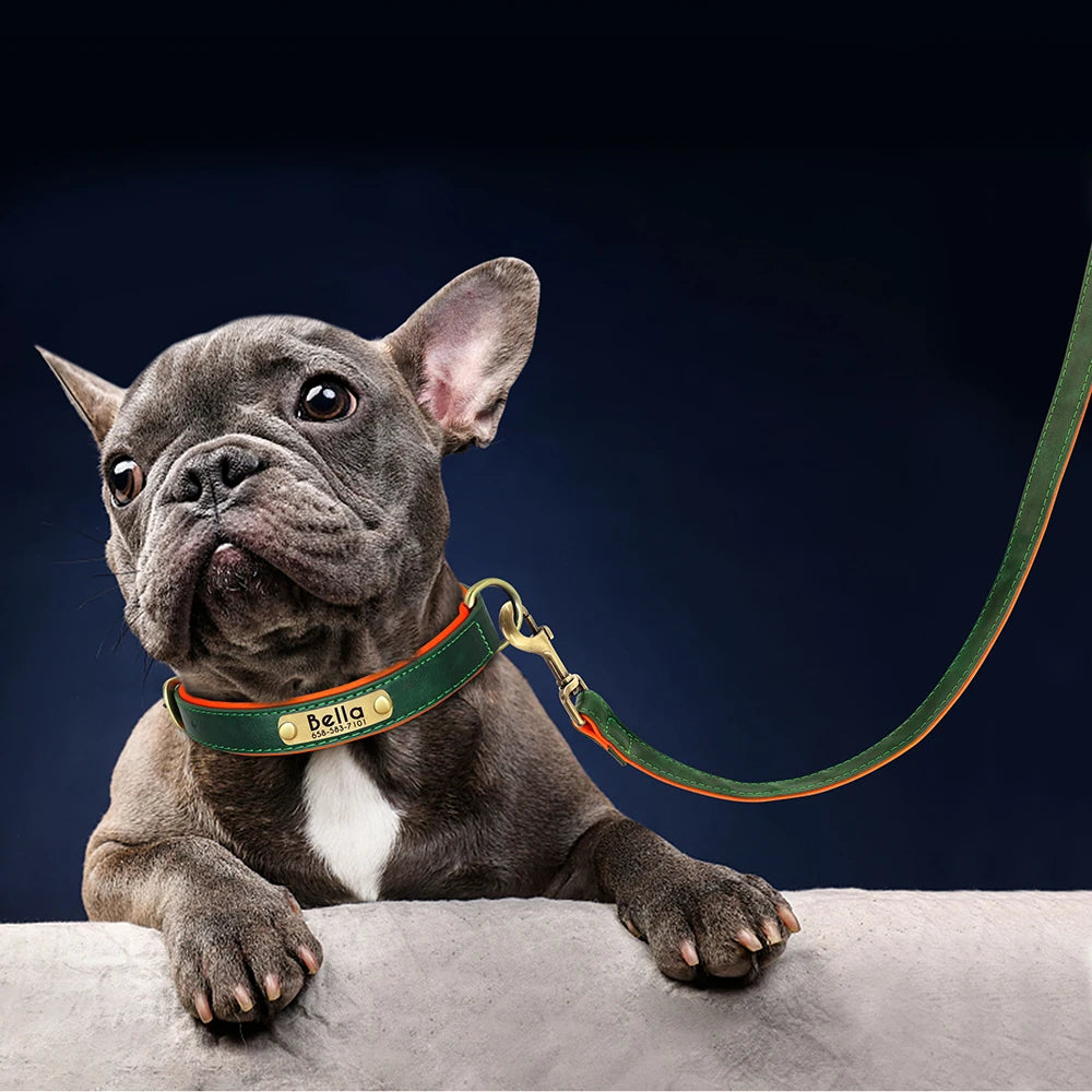 Personalized Engraved Pu Leather Dog Collar Leash Set With Id Tag & Quick Release Buckle