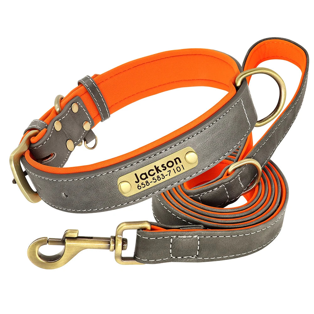 Personalized Engraved Pu Leather Dog Collar Leash Set With Id Tag & Quick Release Buckle