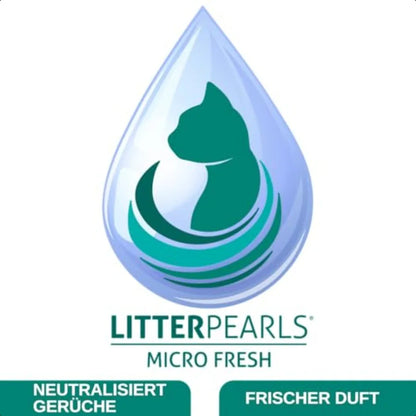Litter Pearls Micro Fresh logo with a cat silhouette inside a water droplet on a white background.