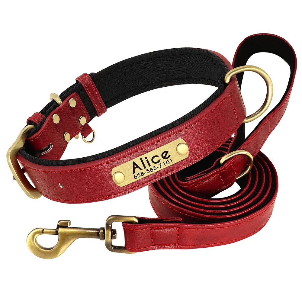 Personalized Engraved Pu Leather Dog Collar Leash Set With Id Tag & Quick Release Buckle