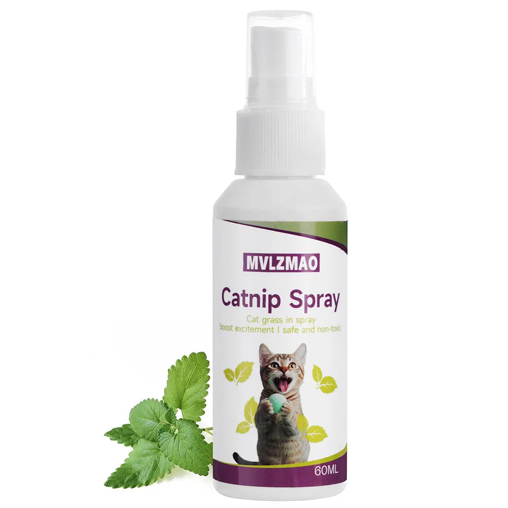 Catnip spray bottle with a cat and catnip leaves on a white background