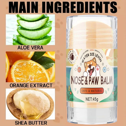 Nose and paw balm with aloe vera, orange extract, and shea butter ingredients on a beige background.
