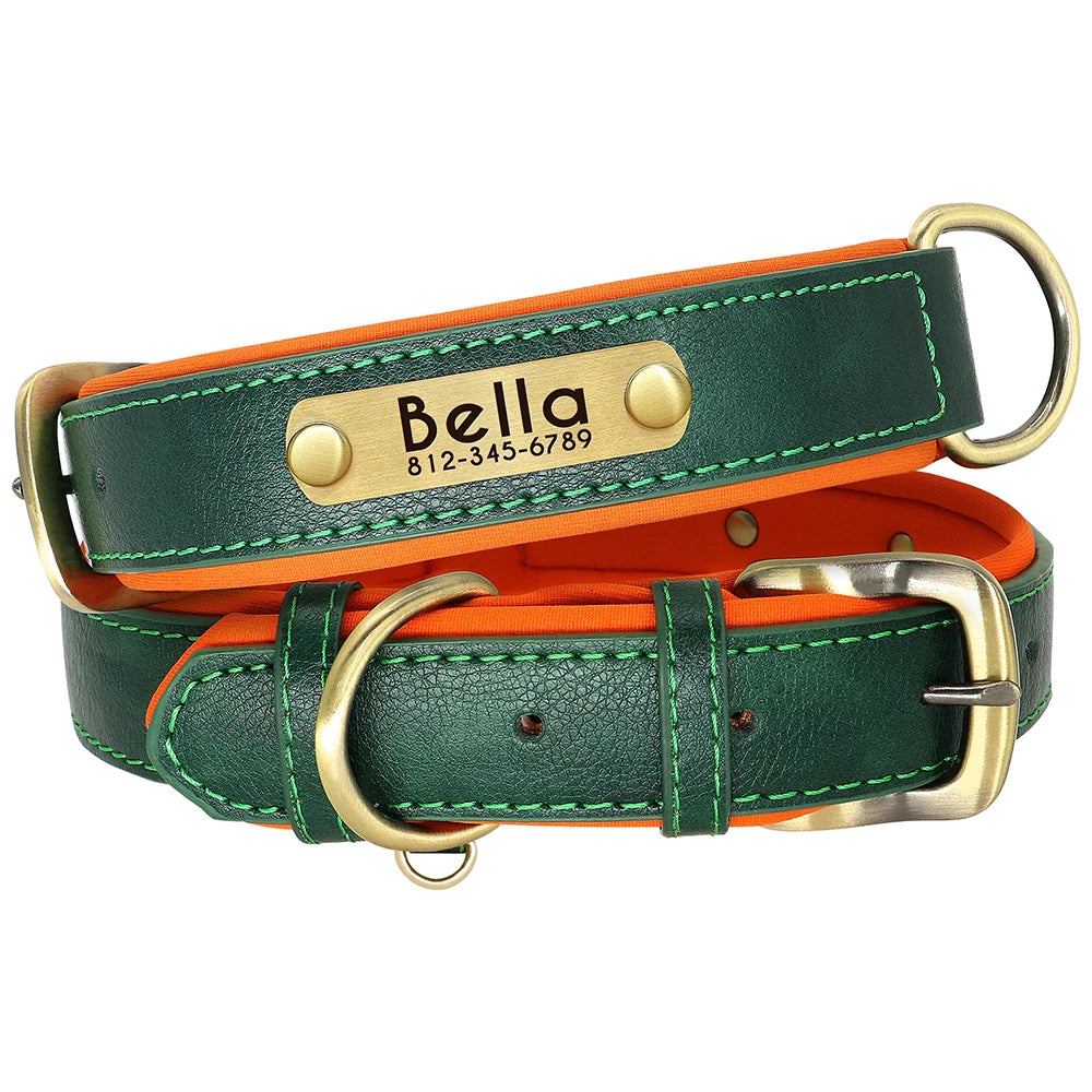 Personalized Engraved Pu Leather Dog Collar Leash Set With Id Tag & Quick Release Buckle