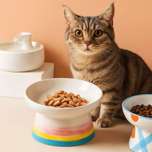 Ceramic Slanted Cat Food Bowl - Anti-Tipping & Cervical Spine Protection