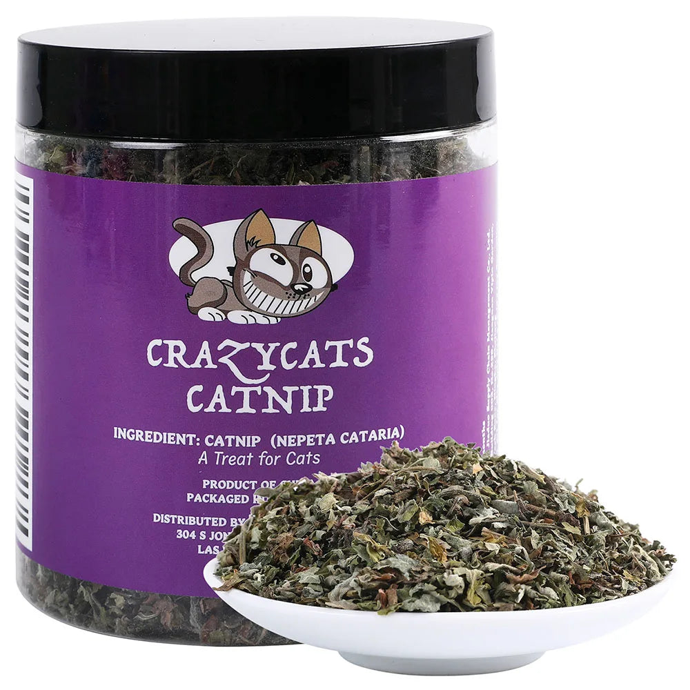 Jar of Crazy Cats catnip with a purple label and black lid.