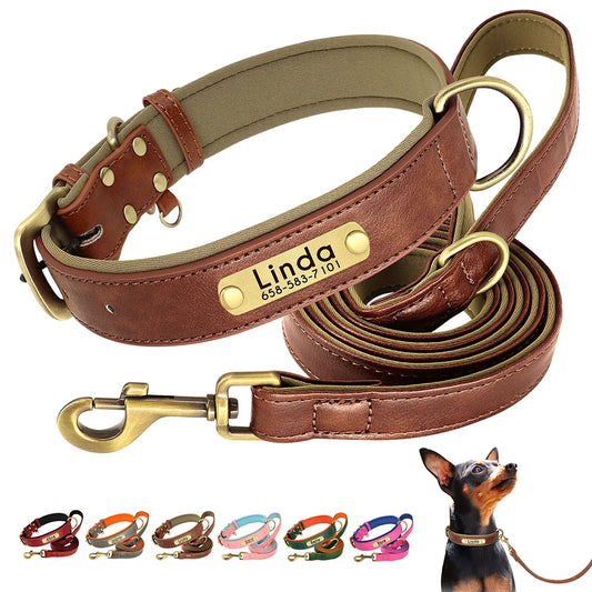 Personalized Engraved Pu Leather Dog Collar Leash Set With Id Tag & Quick Release Buckle