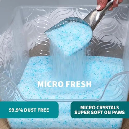 Blue crystal product being scooped out of a container with 'Micro Fresh' branding and text about dust-free and soft on paws.