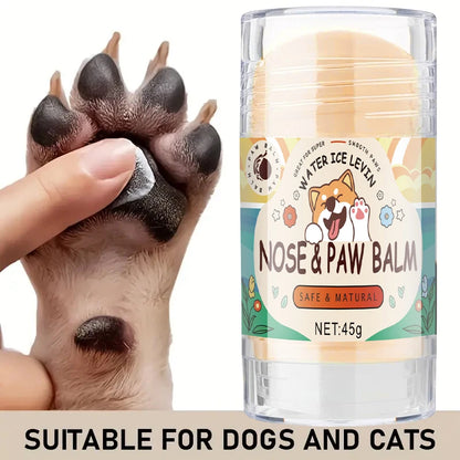 Nose and paw balm for dogs and cats with a labeled product and a paw being applied.
