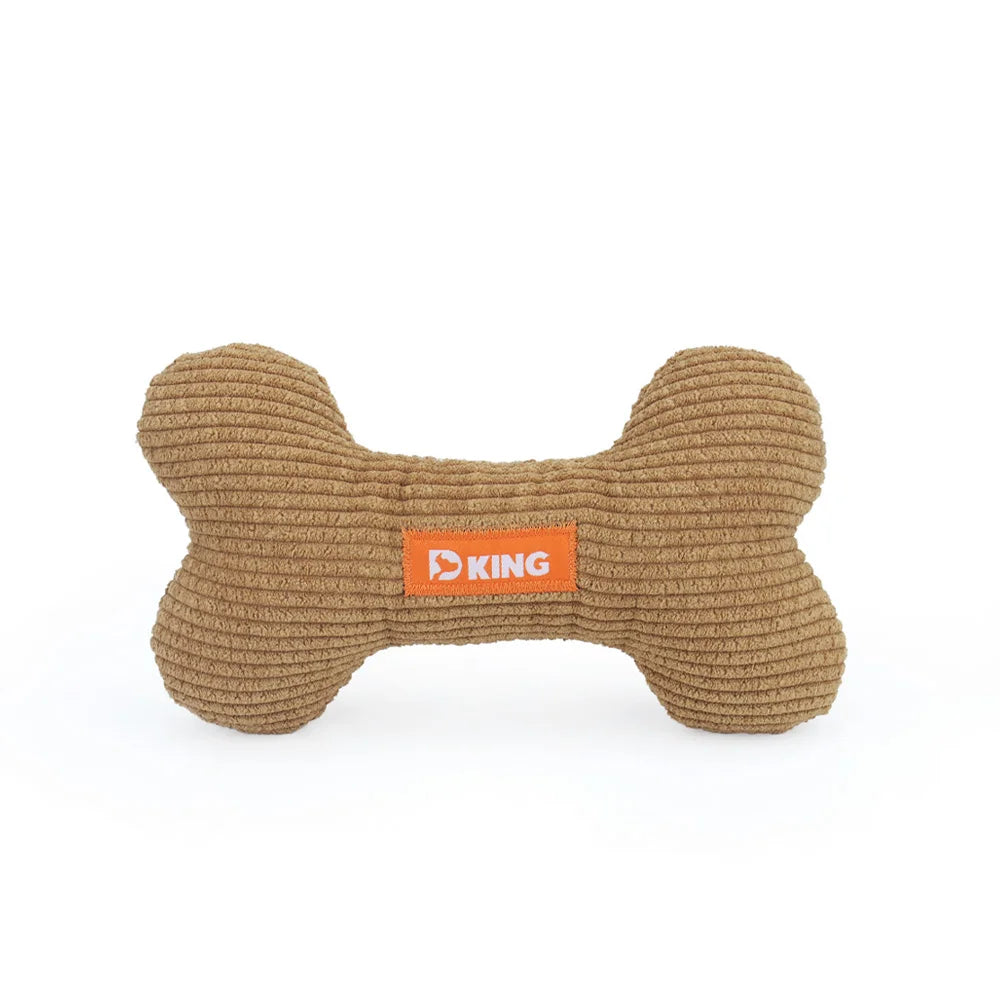 Brown bone-shaped dog toy with 'KING' logo on a white background